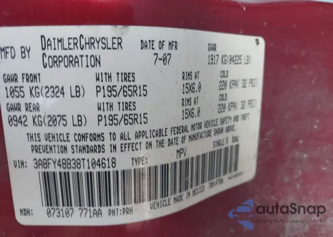 2008 Chrysler Pt Cruiser Lx из США, поврежденный, VIN 3A8FY48B38T104618